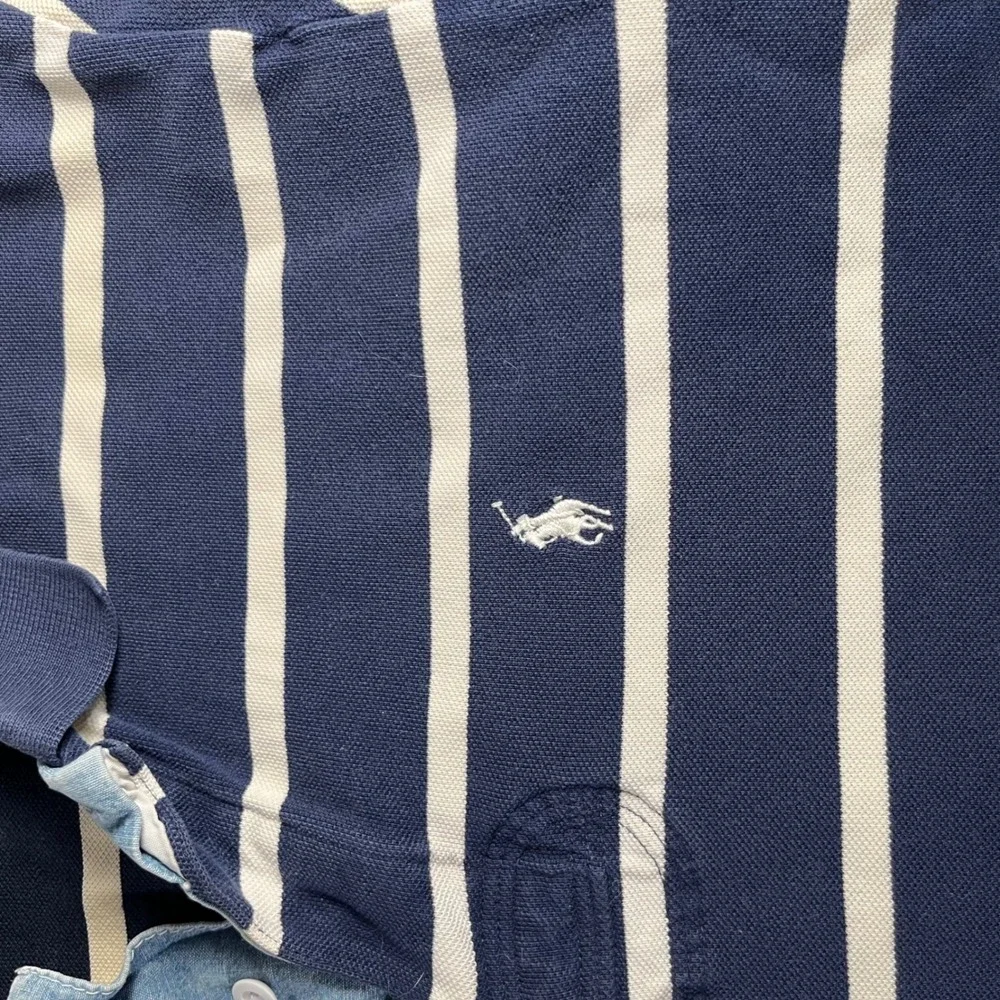 Polo Ralph Lauren Mens Large Navy White Striped Cotton Pique Short Sleeve Polo